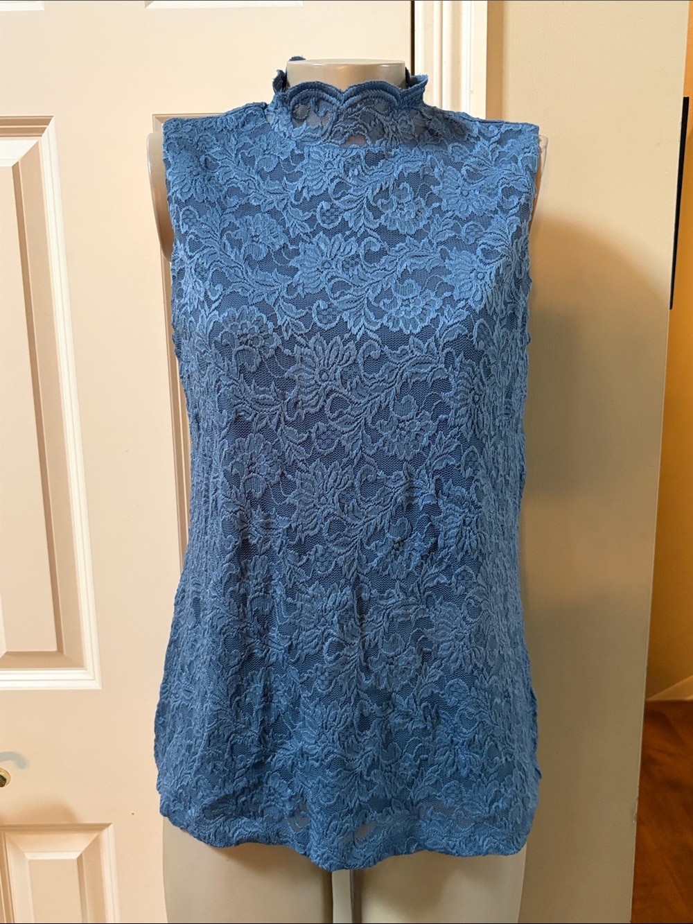 Susan Graver Cornflower Blue Sleeveless Lace Mock Neck Top, med